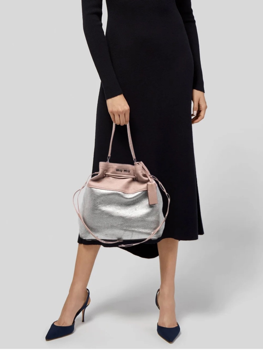 Miu Miu Pink and Silver Leather Drawstring Shoulder Tote